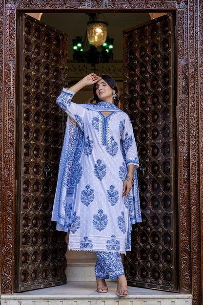 White Printed Straight Kurta Set With Dupatta for Women | LASVINI - Redefining Indian Fashion with Elegance