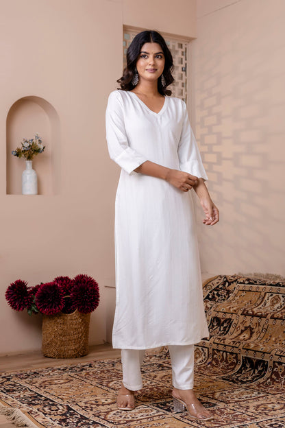 Women White Solid Straight Kurta with Three Quarter Sleeves | LASVINI - Redefining Indian Fashion with Elegance