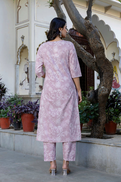 Mauve Printed Straight Kurta Set With Dupatta for Women | LASVINI - Redefining Indian Fashion with Elegance