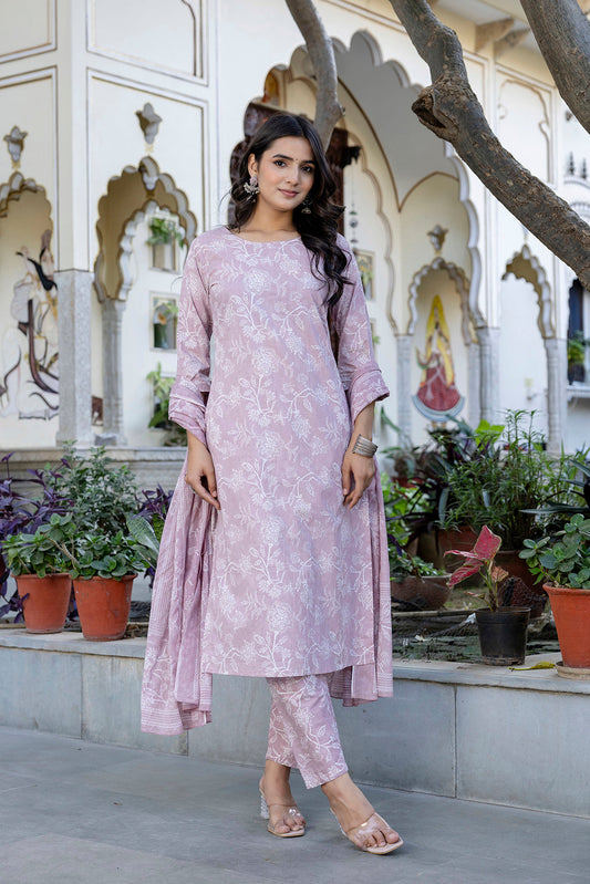 Mauve Printed Straight Kurta Set With Dupatta for Women | LASVINI - Redefining Indian Fashion with Elegance
