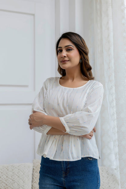 Women Off White Printed Peplum Tunic | LASVINI - Redefining Indian Fashion with Elegance