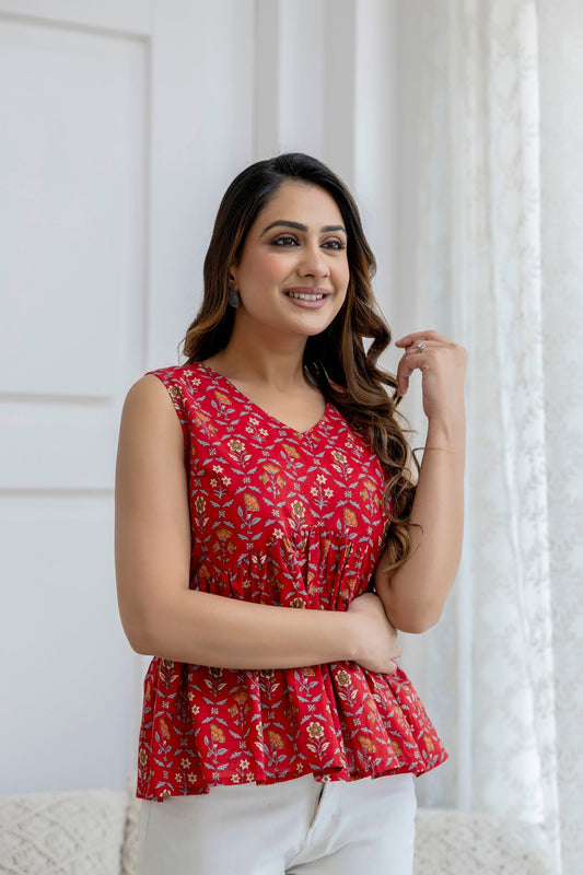 Women Red Printed Peplum Tunic | LASVINI - Redefining Indian Fashion with Elegance