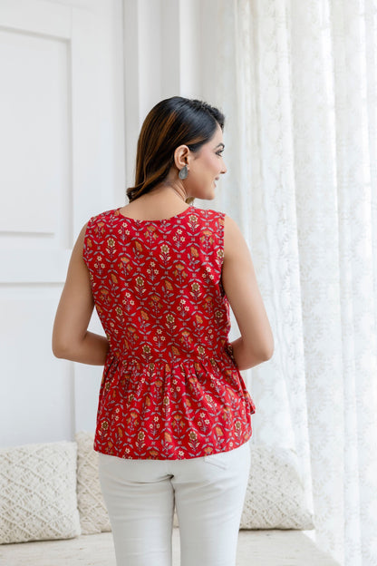 Women Red Printed Peplum Tunic | LASVINI - Redefining Indian Fashion with Elegance