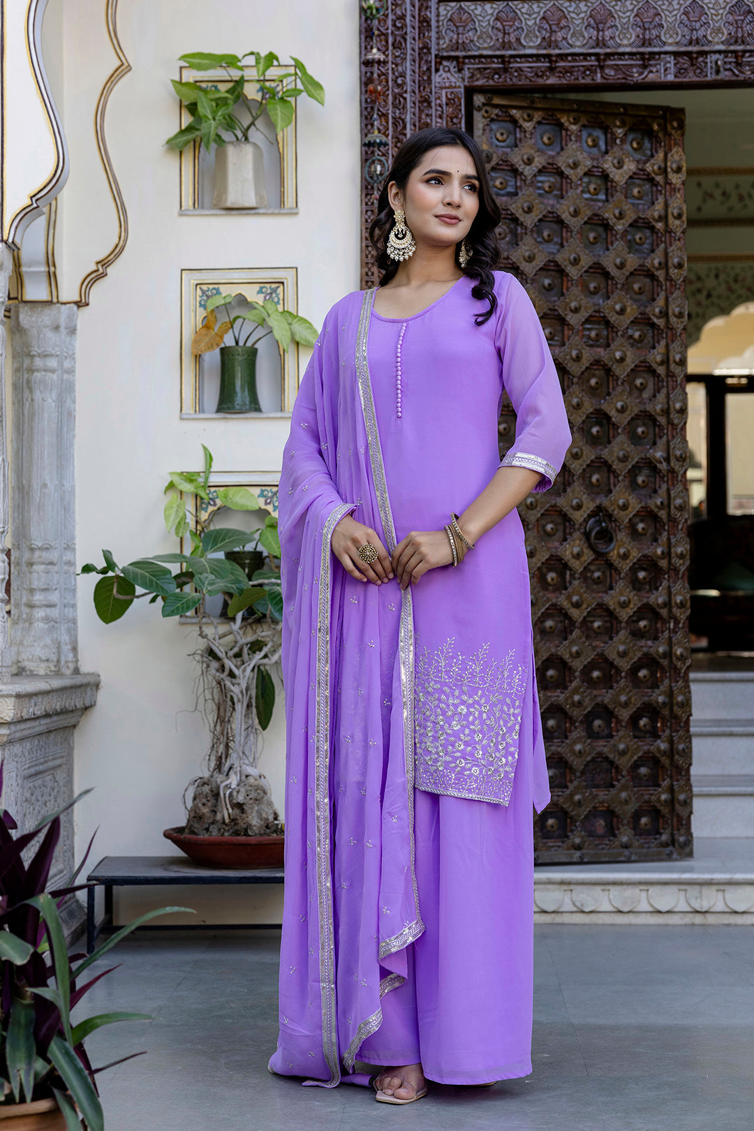 Lavender Embroidered Georgette Kurta & Wide Leg Palazzo With Dupatta for Women | LASVINI - Redefining Indian Fashion with Elegance