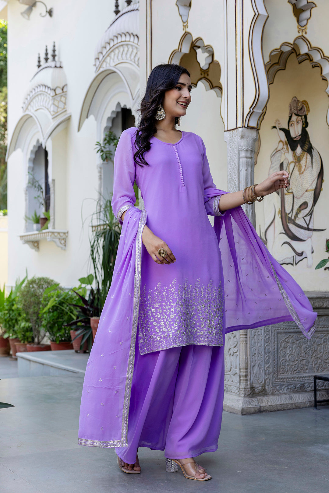 Lavender Embroidered Georgette Kurta & Wide Leg Palazzo With Dupatta for Women | LASVINI - Redefining Indian Fashion with Elegance