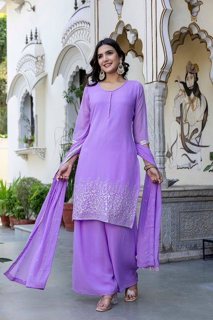Lavender Embroidered Georgette Kurta & Wide Leg Palazzo With Dupatta for Women | LASVINI - Redefining Indian Fashion with Elegance
