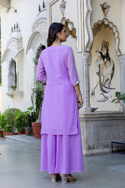Lavender Embroidered Georgette Kurta & Wide Leg Palazzo With Dupatta for Women | LASVINI - Redefining Indian Fashion with Elegance
