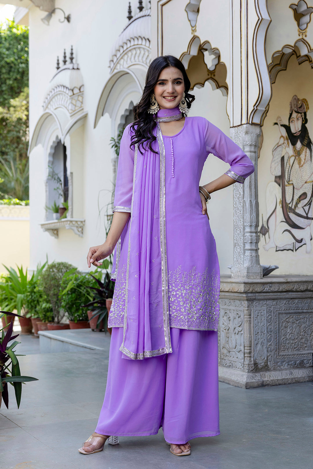 Lavender Embroidered Georgette Kurta & Wide Leg Palazzo With Dupatta for Women | LASVINI - Redefining Indian Fashion with Elegance