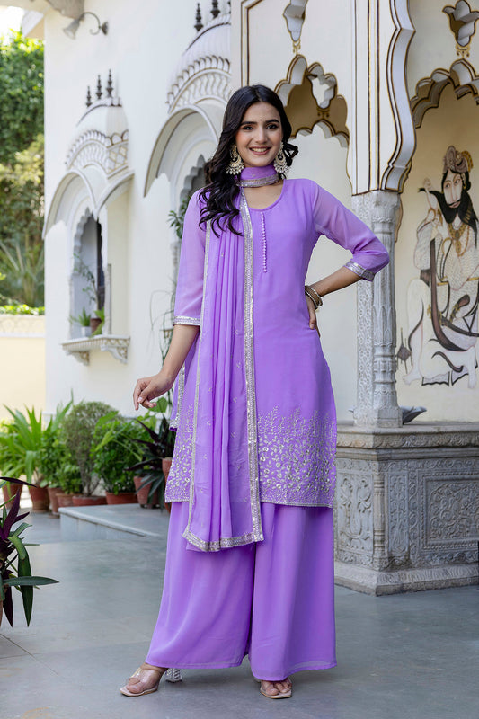 Lavender Embroidered Georgette Kurta & Wide Leg Palazzo With Dupatta for Women | LASVINI - Redefining Indian Fashion with Elegance