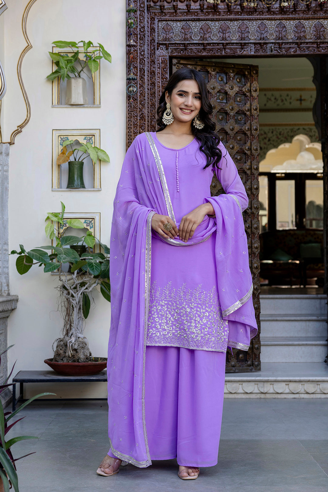 Lavender Embroidered Georgette Kurta & Wide Leg Palazzo With Dupatta for Women | LASVINI - Redefining Indian Fashion with Elegance