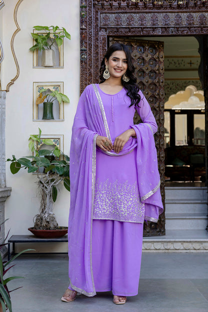 Lavender Embroidered Georgette Kurta & Wide Leg Palazzo With Dupatta for Women | LASVINI - Redefining Indian Fashion with Elegance