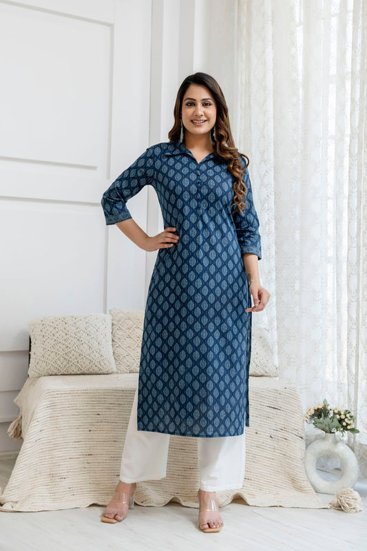 Women Blue Printed Straight Kurta with Three Quarter Sleeves | LASVINI - Redefining Indian Fashion with Elegance