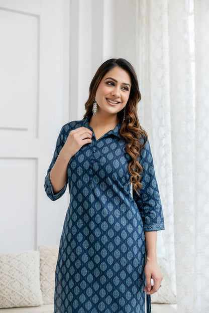 Women Blue Printed Straight Kurta with Three Quarter Sleeves | LASVINI - Redefining Indian Fashion with Elegance