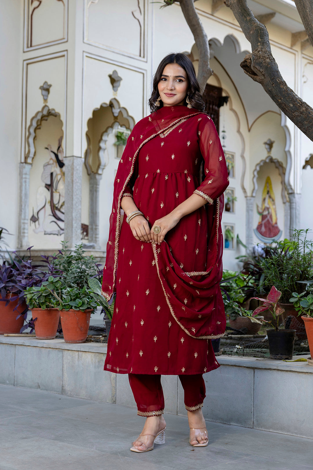 Maroon Embroidered Georgette Kurta Set With Dupatta for Women | LASVINI - Redefining Indian Fashion with Elegance