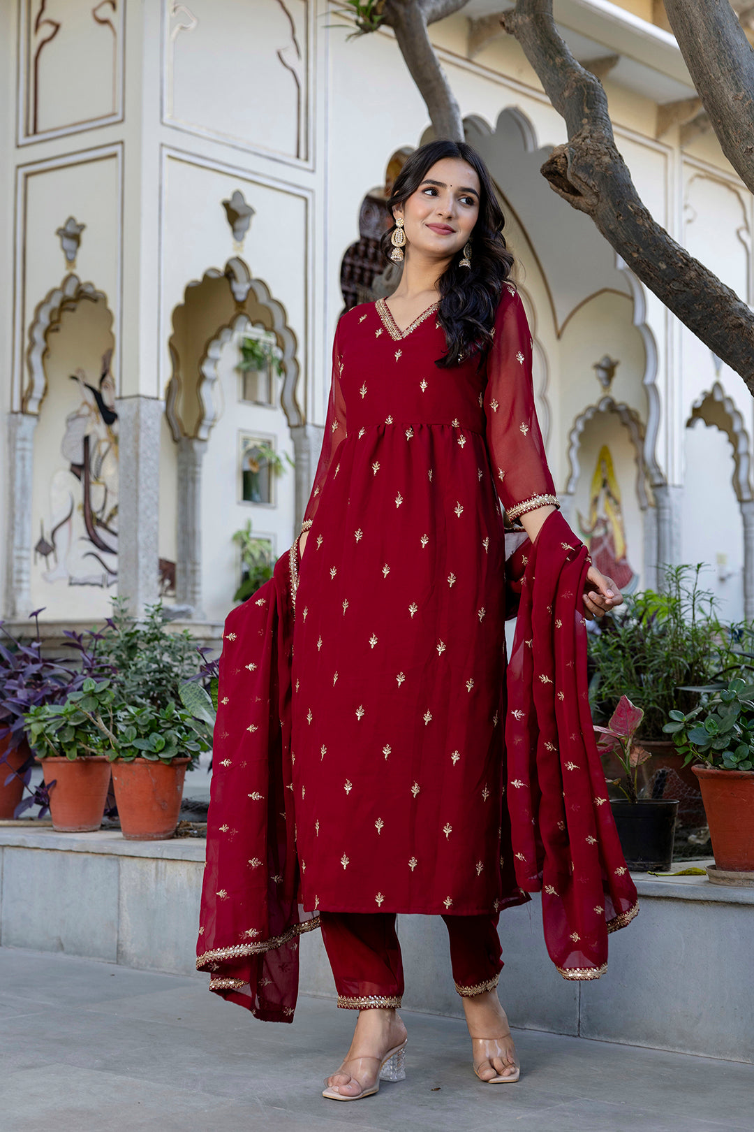 Maroon Embroidered Georgette Kurta Set With Dupatta for Women | LASVINI - Redefining Indian Fashion with Elegance