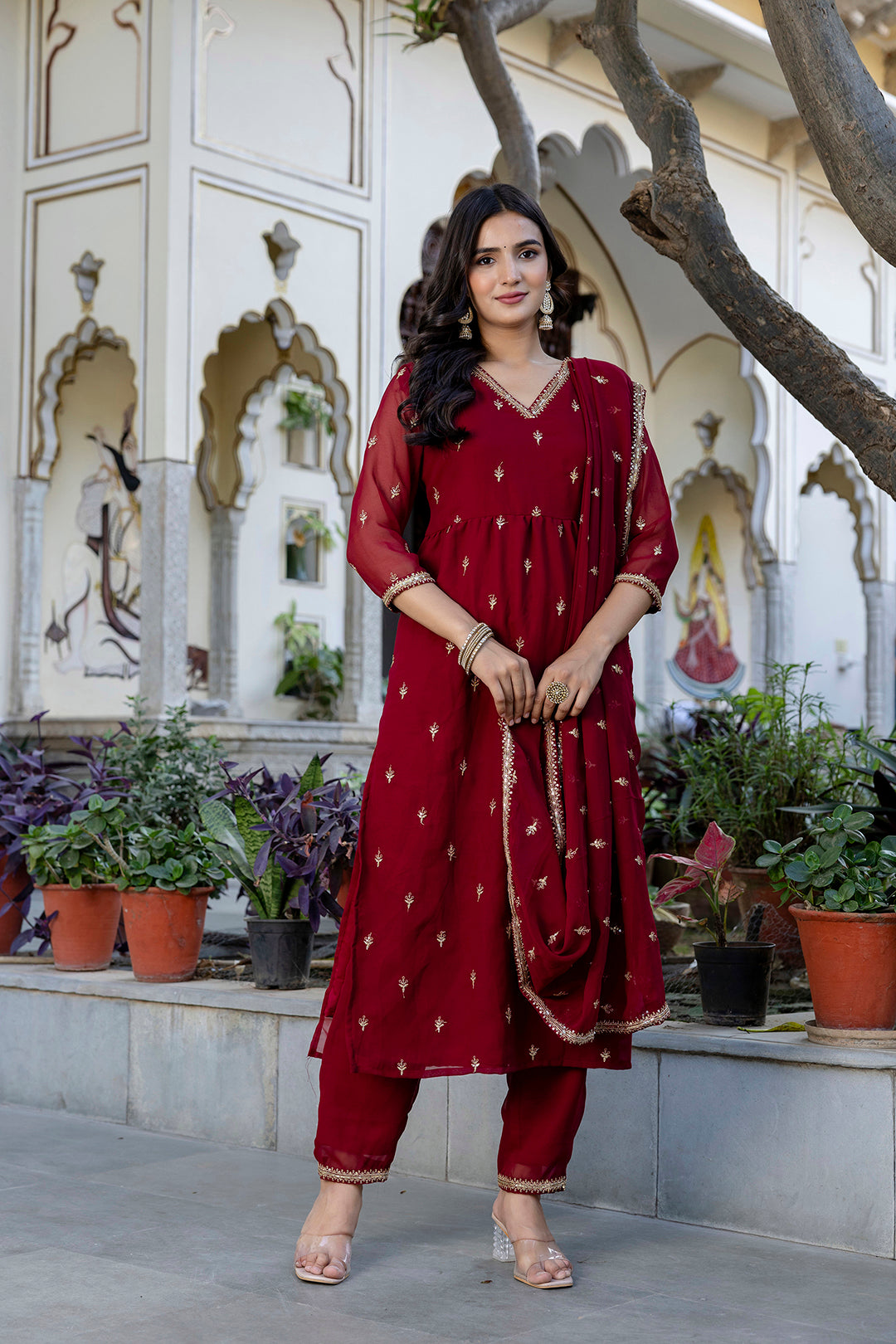 Maroon Embroidered Georgette Kurta Set With Dupatta for Women | LASVINI - Redefining Indian Fashion with Elegance