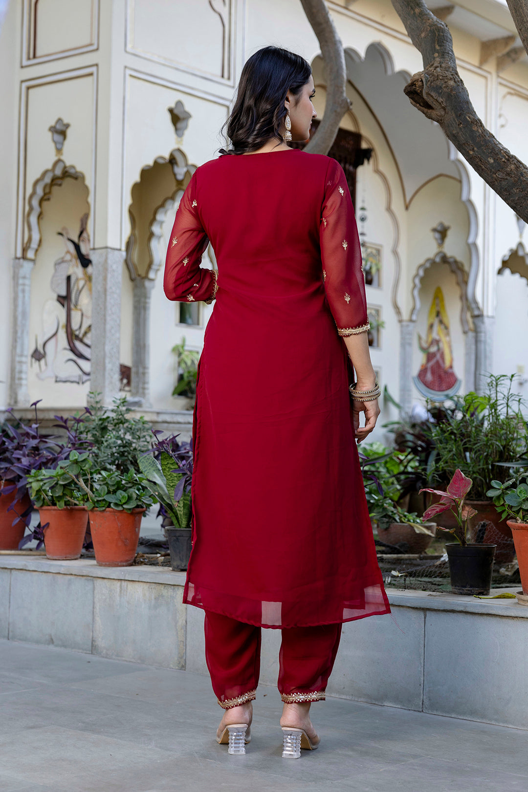 Maroon Embroidered Georgette Kurta Set With Dupatta for Women | LASVINI - Redefining Indian Fashion with Elegance