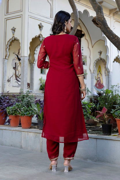 Maroon Embroidered Georgette Kurta Set With Dupatta for Women | LASVINI - Redefining Indian Fashion with Elegance