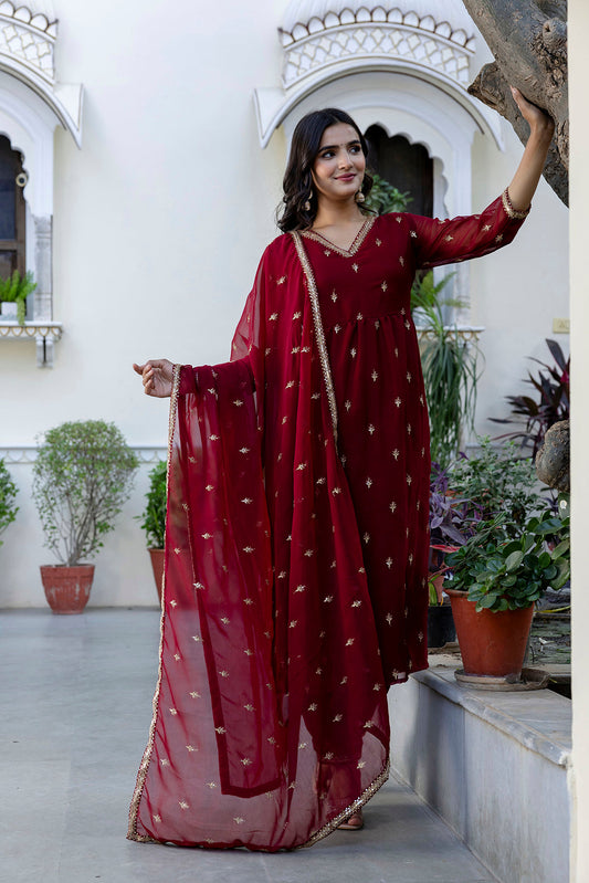 Maroon Embroidered Georgette Kurta Set With Dupatta for Women | LASVINI - Redefining Indian Fashion with Elegance