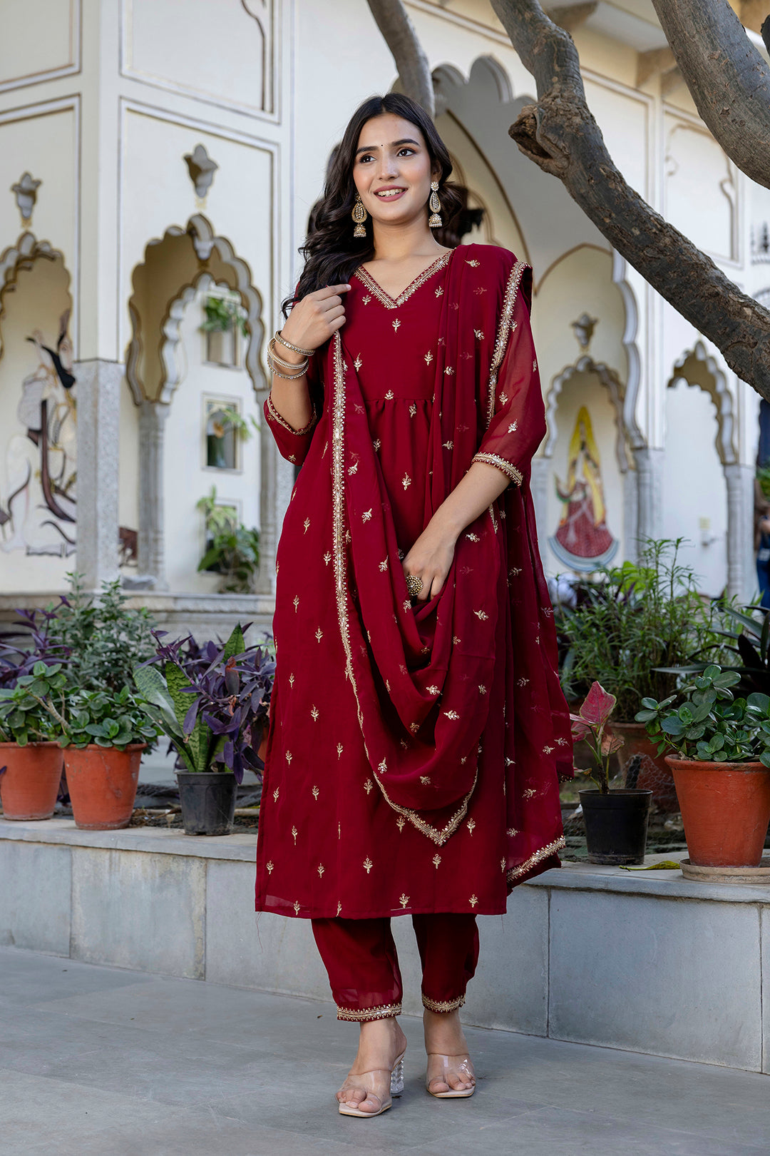 Maroon Embroidered Georgette Kurta Set With Dupatta for Women | LASVINI - Redefining Indian Fashion with Elegance