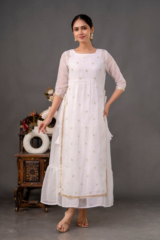 Women White Embroidered Flared Dress with Jacket | LASVINI - Redefining Indian Fashion with Elegance