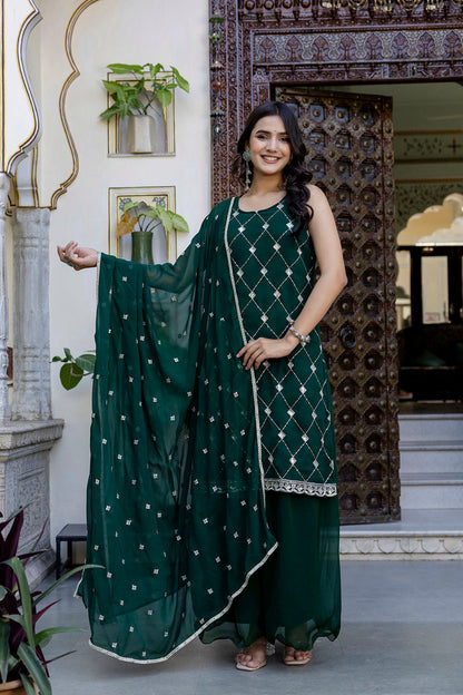 Green Embroidered Kurta With Wide Leg Palazzo and Dupatta | LASVINI - Redefining Indian Fashion with Elegance