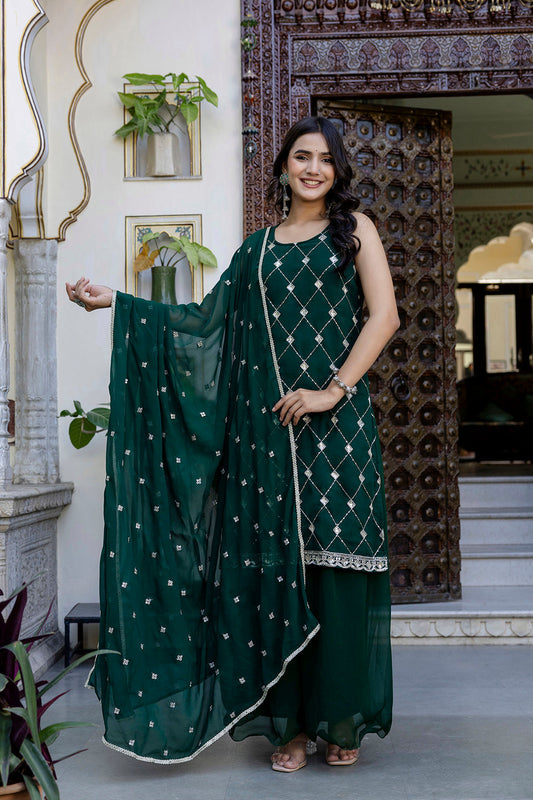 Green Embroidered Kurta With Wide Leg Palazzo and Dupatta | LASVINI - Redefining Indian Fashion with Elegance