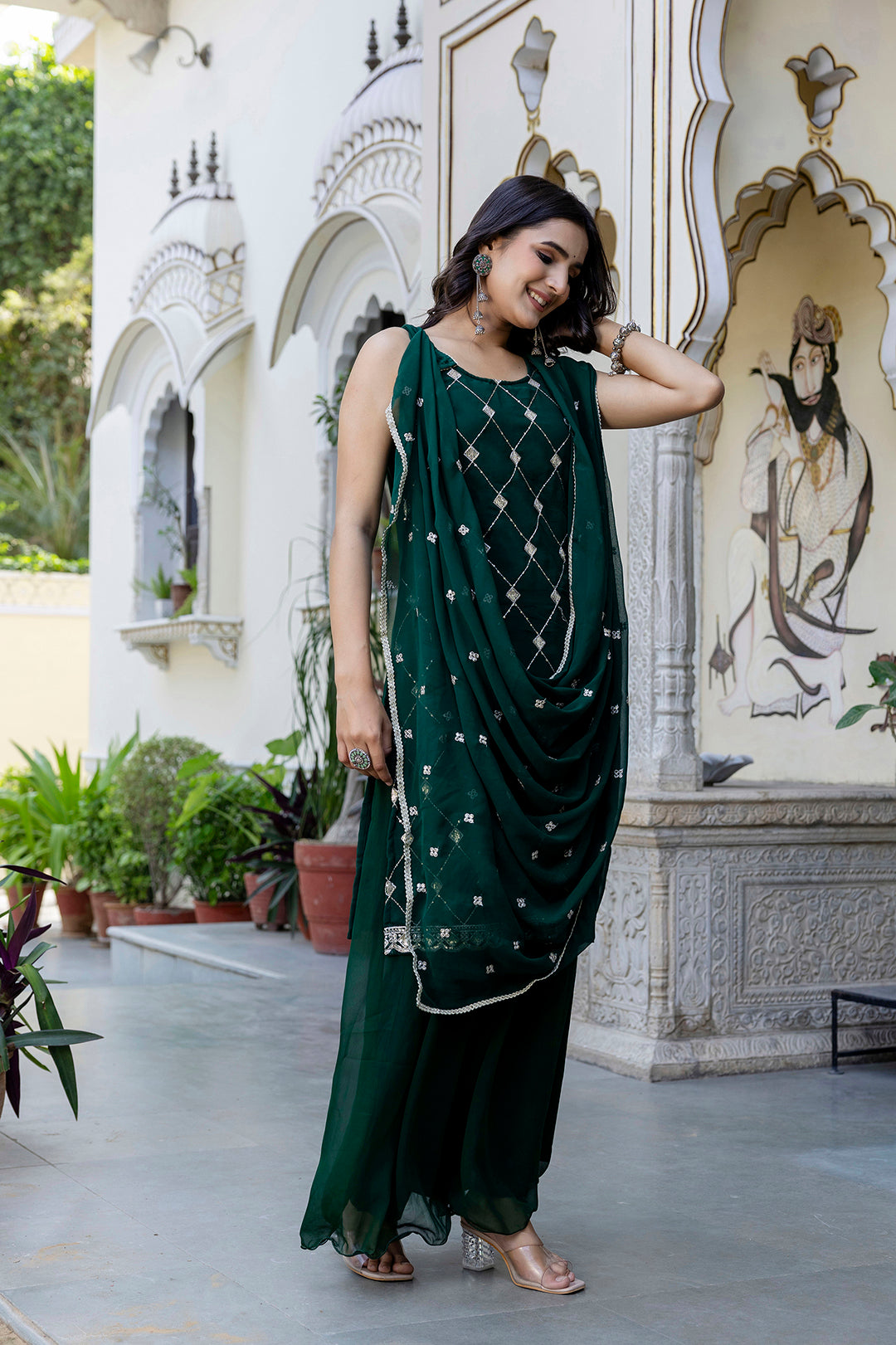 Green Embroidered Kurta With Wide Leg Palazzo and Dupatta | LASVINI - Redefining Indian Fashion with Elegance