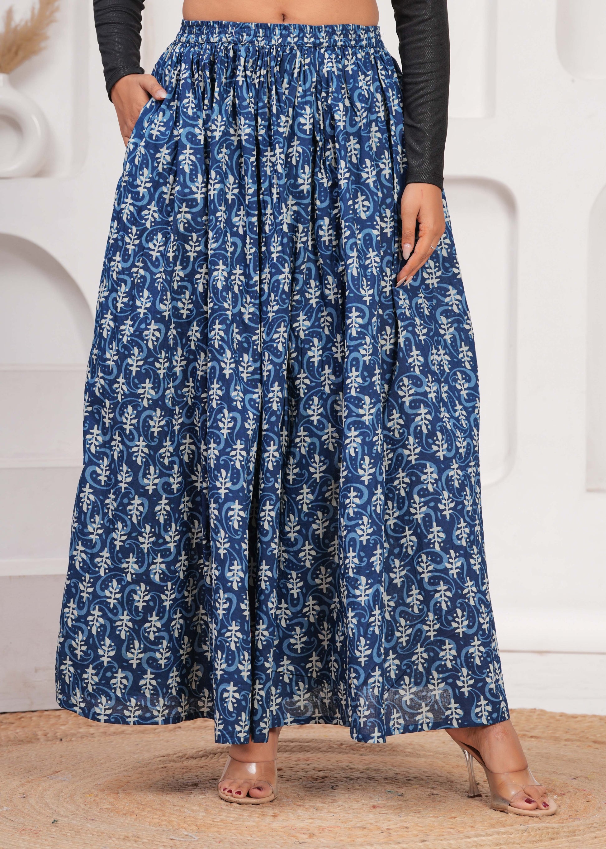 Women Blue Ethnic Printed Flared Skirt | LASVINI - Redefining Indian Fashion with Elegance