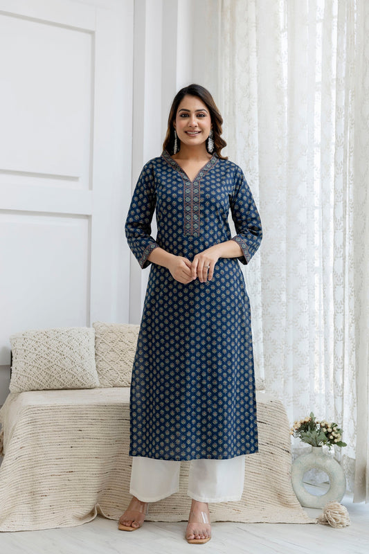 Women Blue Printed Straight Kurta with Three Quarter Sleeves | LASVINI - Redefining Indian Fashion with Elegance