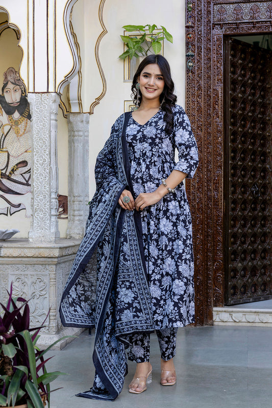 Women Black Floral Printed Anarkali Kurta And Trouser With Dupatta | LASVINI - Redefining Indian Fashion with Elegance