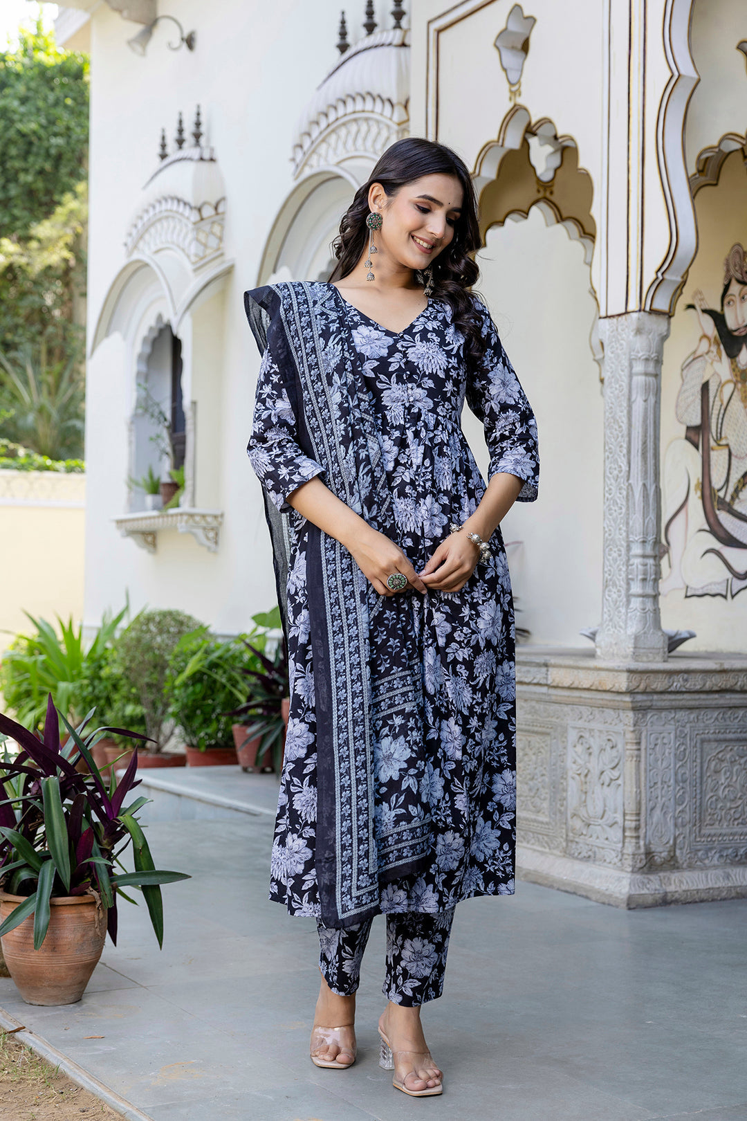 Women Black Floral Printed Anarkali Kurta And Trouser With Dupatta | LASVINI - Redefining Indian Fashion with Elegance