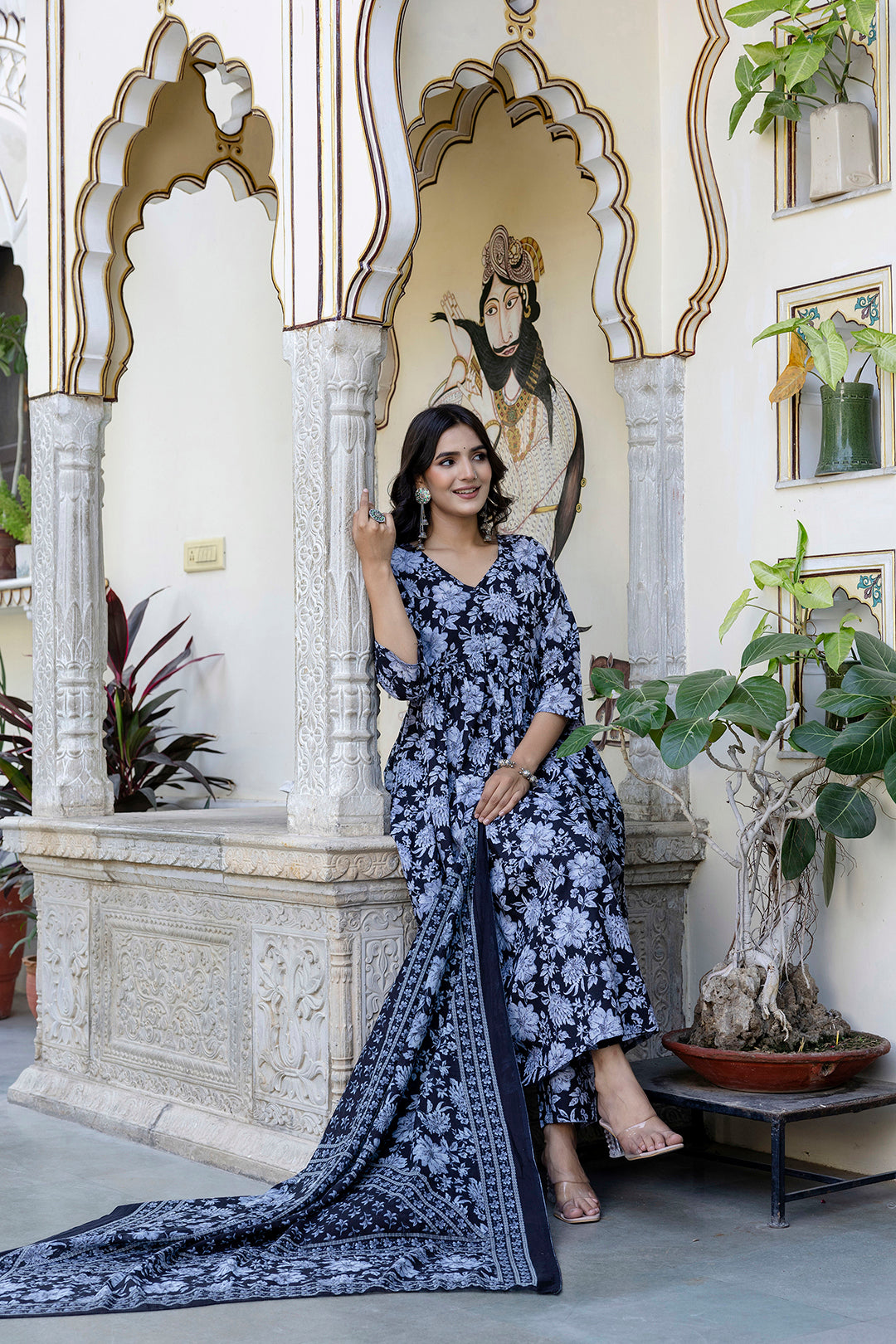 Women Black Floral Printed Anarkali Kurta And Trouser With Dupatta | LASVINI - Redefining Indian Fashion with Elegance
