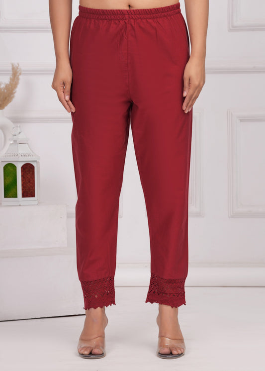 Women Maroon Solid Palazzo with Lace Detailing | LASVINI - Redefining Indian Fashion with Elegance