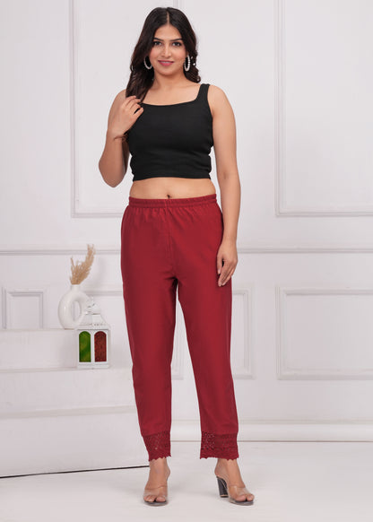 Women Maroon Solid Palazzo with Lace Detailing | LASVINI - Redefining Indian Fashion with Elegance
