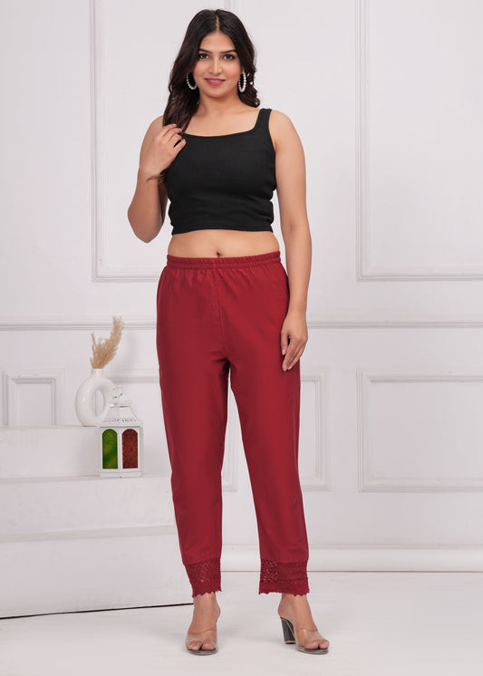 Women Maroon Solid Palazzo with Lace Detailing | LASVINI - Redefining Indian Fashion with Elegance