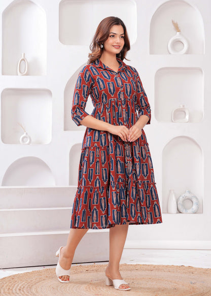 Women Maroon Ethnic Printed Flared Dress | LASVINI - Redefining Indian Fashion with Elegance