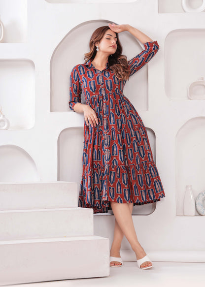 Women Maroon Ethnic Printed Flared Dress | LASVINI - Redefining Indian Fashion with Elegance