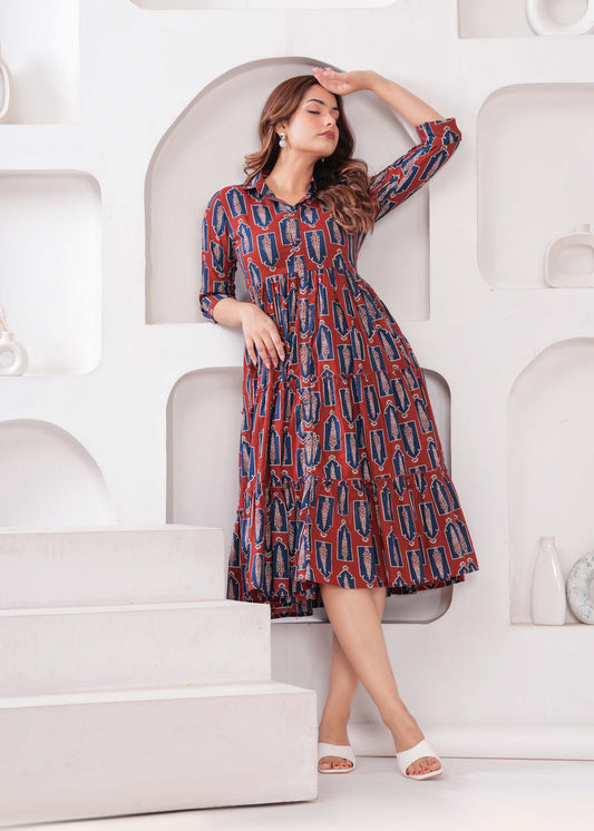Women Maroon Ethnic Printed Flared Dress | LASVINI - Redefining Indian Fashion with Elegance