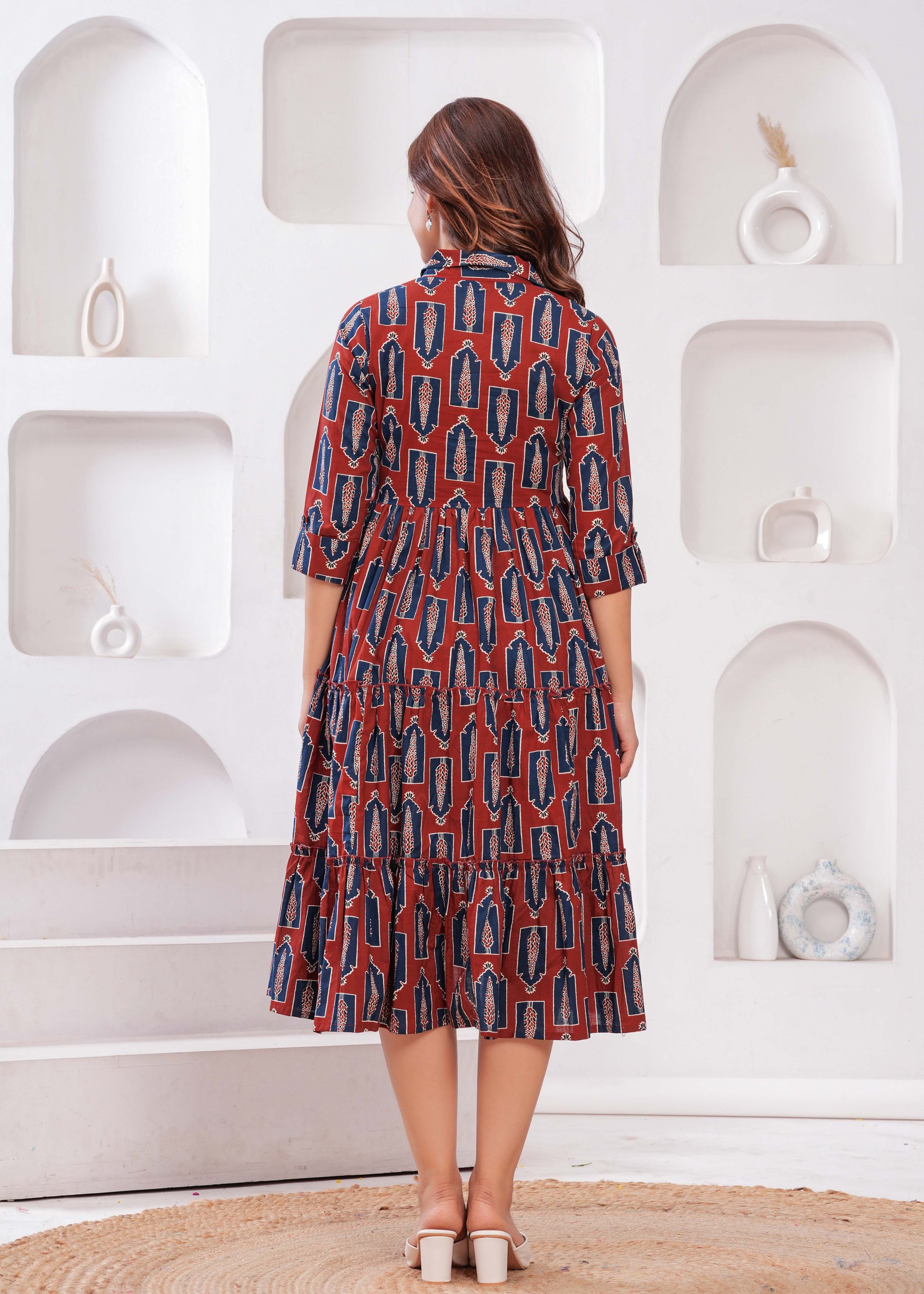 Women Maroon Ethnic Printed Flared Dress | LASVINI - Redefining Indian Fashion with Elegance