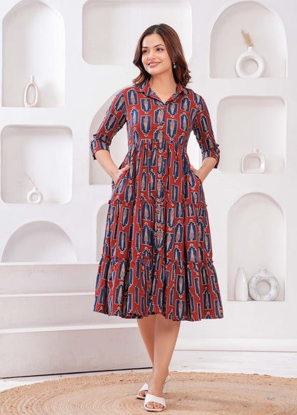 Women Maroon Ethnic Printed Flared Dress | LASVINI - Redefining Indian Fashion with Elegance