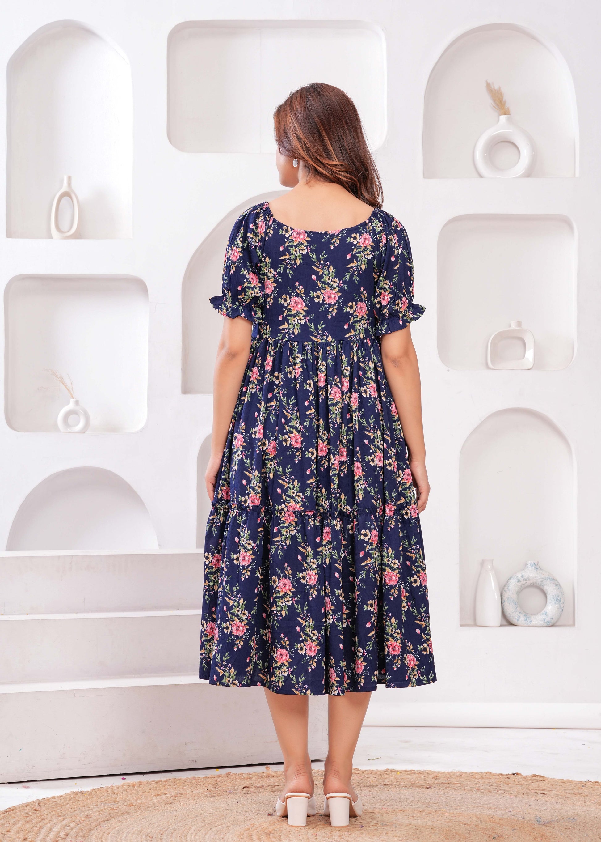 Women Navy Blue Ethnic Printed Flared Dress | LASVINI - Redefining Indian Fashion with Elegance