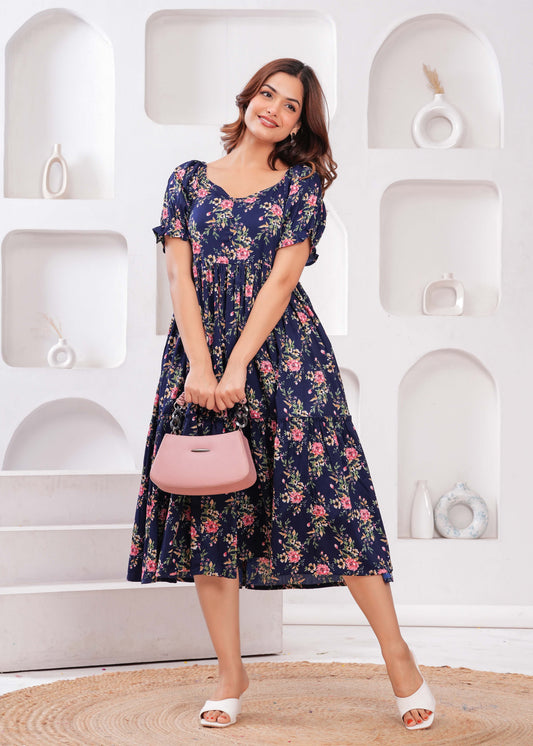 Women Navy Blue Ethnic Printed Flared Dress | LASVINI - Redefining Indian Fashion with Elegance