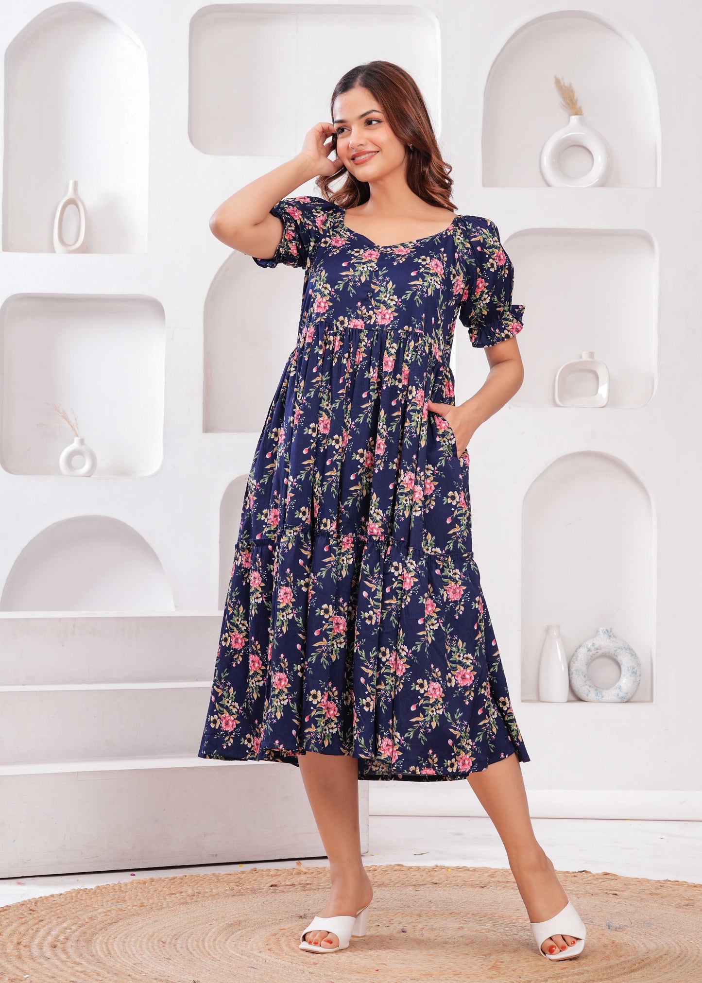 Women Navy Blue Ethnic Printed Flared Dress | LASVINI - Redefining Indian Fashion with Elegance