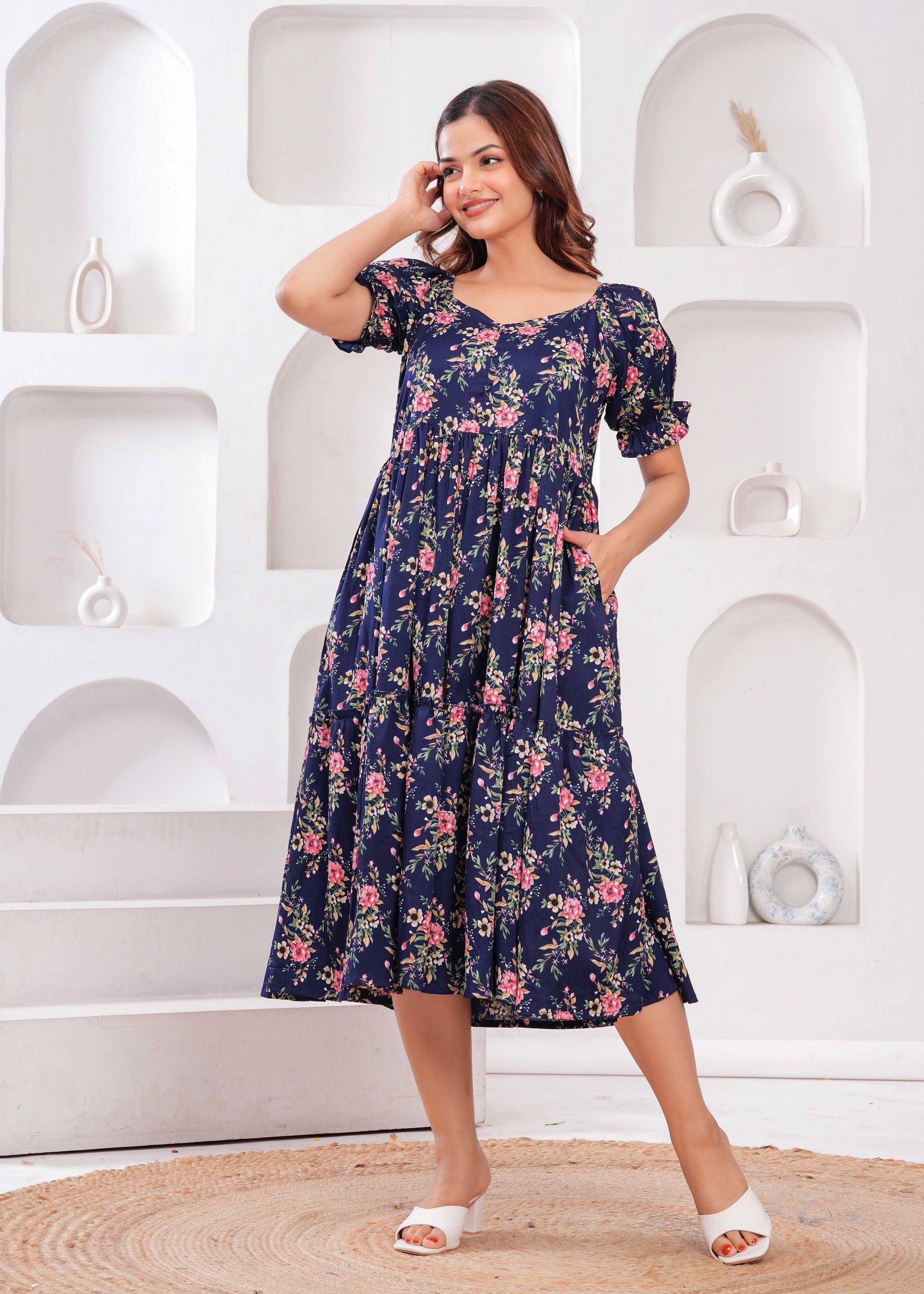 Women Navy Blue Ethnic Printed Flared Dress | LASVINI - Redefining Indian Fashion with Elegance