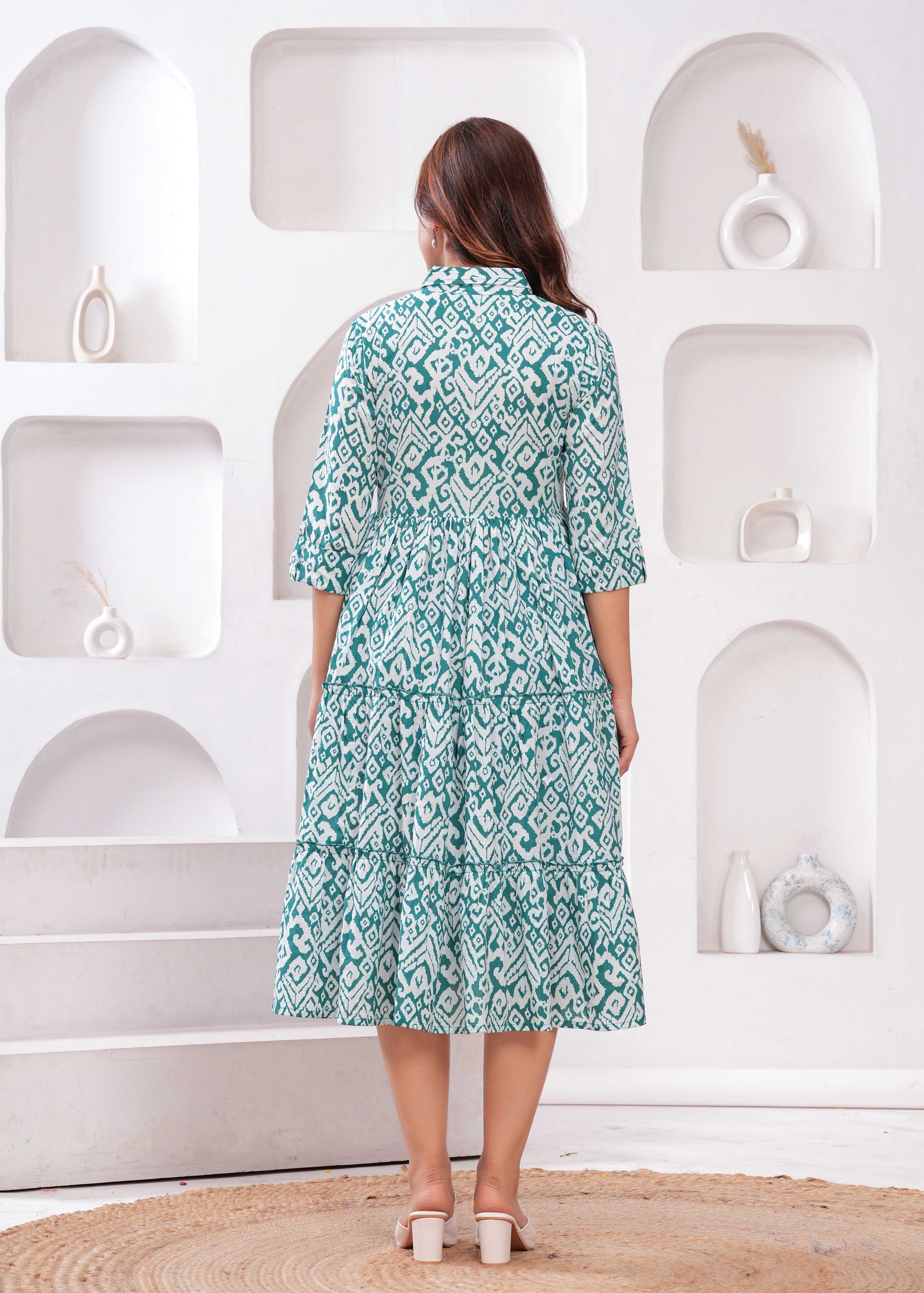 Turquoise Blue Ethnic Printed Flared Dress for Women | LASVINI - Redefining Indian Fashion with Elegance