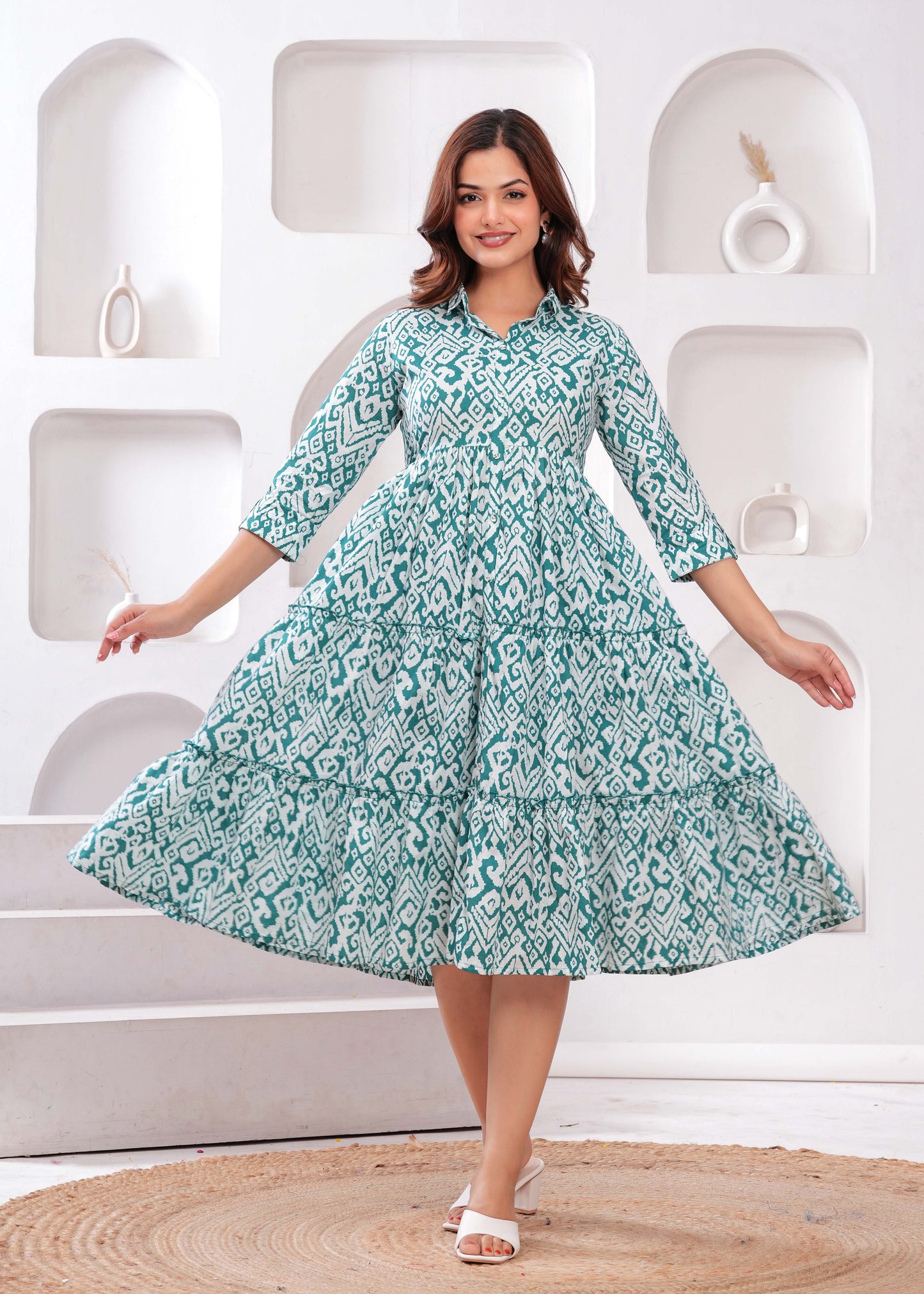 Turquoise Blue Ethnic Printed Flared Dress for Women | LASVINI - Redefining Indian Fashion with Elegance