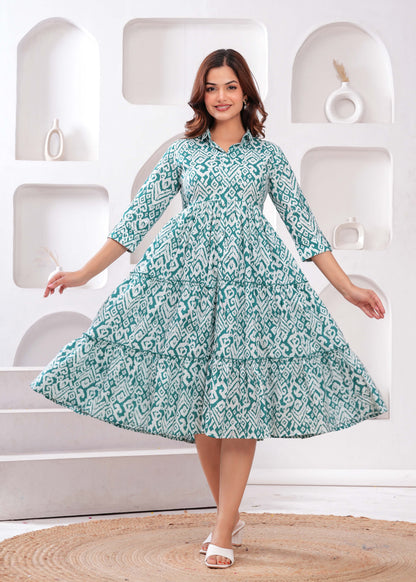 Turquoise Blue Ethnic Printed Flared Dress for Women | LASVINI - Redefining Indian Fashion with Elegance