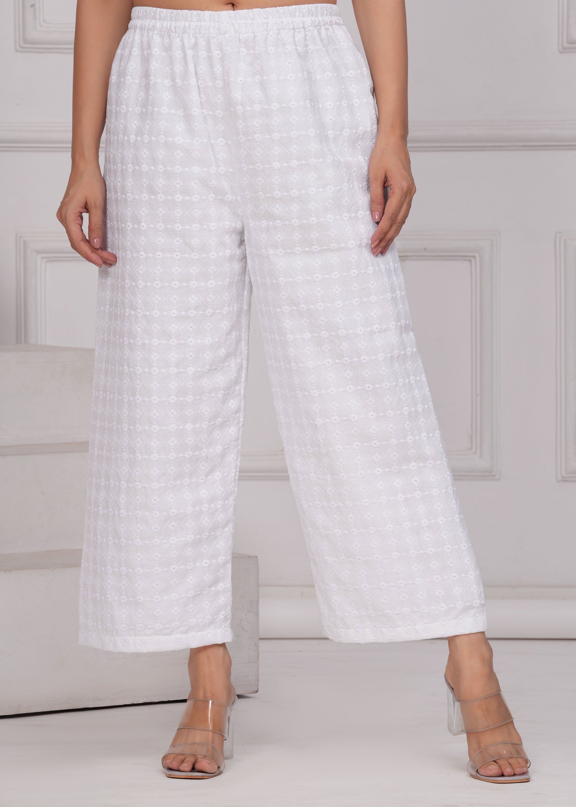 Women White Schiffli Straight Palazzo | LASVINI - Redefining Indian Fashion with Elegance