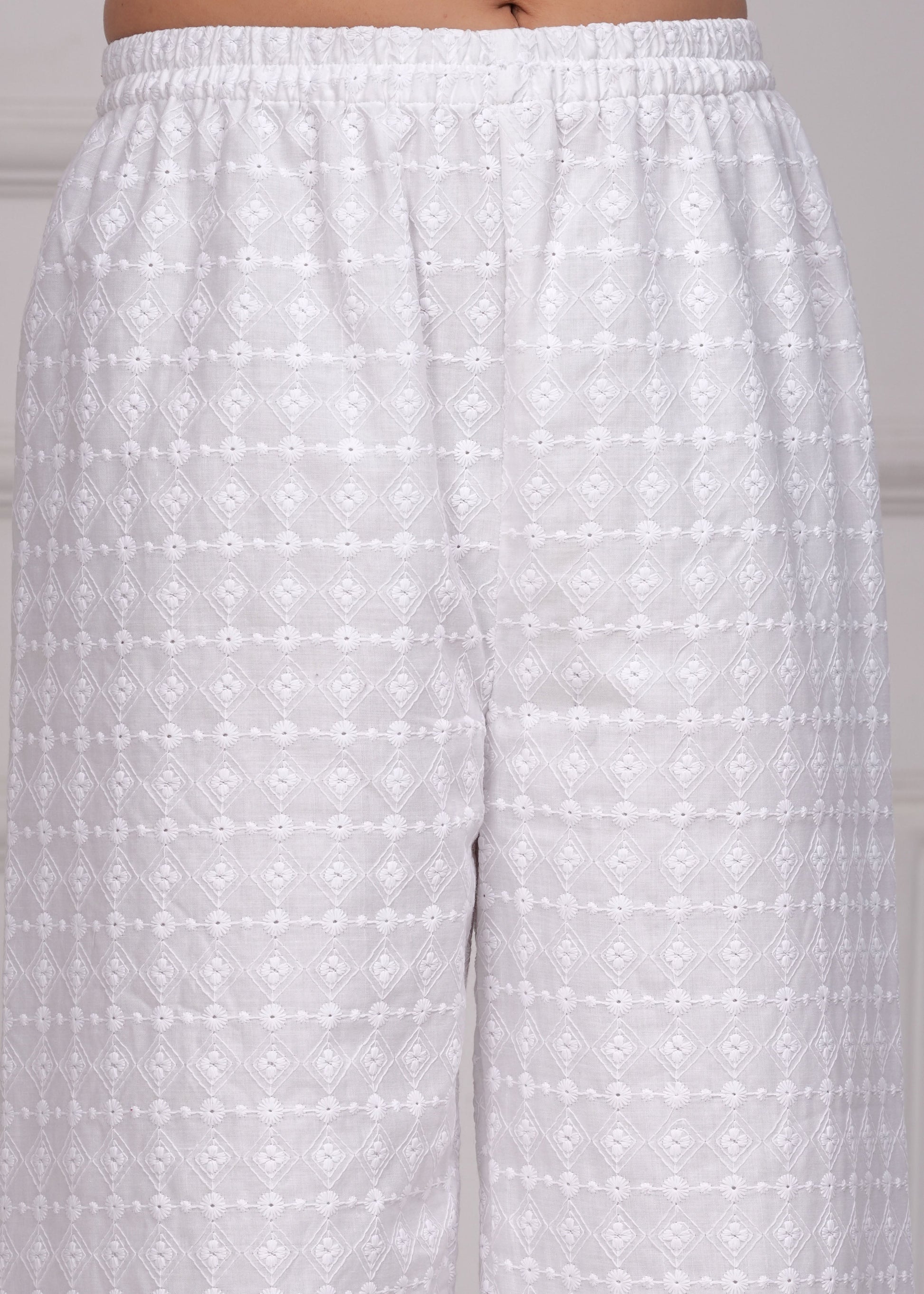 Women White Schiffli Straight Palazzo | LASVINI - Redefining Indian Fashion with Elegance